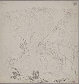 Ansicht des Wasserfalls von Terni, mit zwei Wanderern