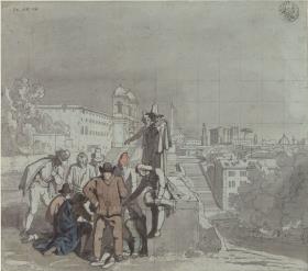 Eine Gruppe von Spielern mit der Kirche Santa Trinità dei Monti in Rom im Hintergrund