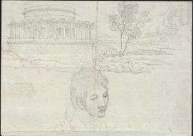 Landschaft mit einem Rundbau & Porträt von Johann Gottfried Steinmeyer