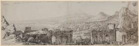 "Aussicht vom antiken Theater in Taormina über die Küste von Catania und den Monte Gibello oder Aetna"