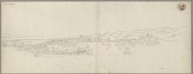 Ansicht von Messina mit dem Hafen, links die Küste von Kalabrien, rechts das Kapuzinerkloster, das Gebirge und zwei Kastelle