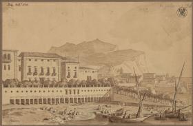 "Ansicht vom Altan meiner Wohnung in Palermo, der kleine Stadthafen, in der Ferne der Monte Pelegrino [Pellegrino]"