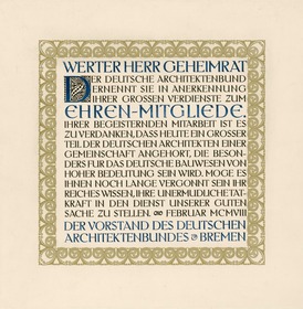 Ernennungsurkunde zum Ehrenmitgliede des deutschen Architektenbundes Bremen gesetzt in der Behrens-Antiqua