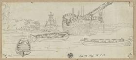 Segelschiffe vor Anker und drei Boote, wohl im Hafen von Stettin