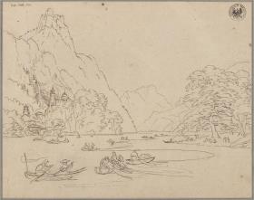 Gebirgslandschaft mit See und Boten, wohl der Traunsee mit dem Kleinen Sonnstein