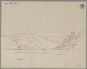 Rheinansicht mit Mäuseturm bei Bingen und Burg Ehrenfels