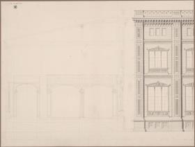 Berlin. Bauakademie. Ein und ein halbes Joch der Fassade und Querschnitt