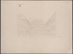 Berlin, Unter den Linden. Königliches Palais. Entwurf zum Aufbau zweier Zimmer über dem Treppenhaus. Hofansicht mit dem übergiebelten Aufbau