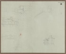 Potsdam Charlottenhof. Entwurf zum Maschinenmeisterhaus der Römischen Bäder. Ansichten, Grundrisse