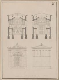 Berlin. Friedrichswerdersche Kirche. Antikisierende Entwürfe zum Portal, Chorapsis und Innenraum. Aufrisse und Querschnitte