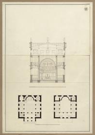Entwurf  zu einer kleinen Kirche über quadratischem Grundriss. Schnitt und Grundrisse. Vorzeichnung zum Stich in der "Sammlung architektonischer Entwürfe", Heft 11, Tafel 69, 1826
