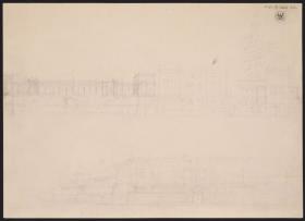 Berlin, Unter den Linden. Palais Prinz Wilhelm. Entwurf mit seitlichem Terrassengarten. Zwei Ansichtsskizzen