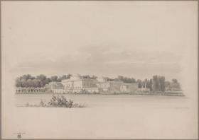 Potsdam-Sanssouci. Antikes Landhaus bei Schloss Charlottenhof. Perspektivische Ansicht von Nordosten