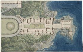 Schloss Orianda auf der Krim. Moskowitischer Entwurf. Grundriss mit Umgebung