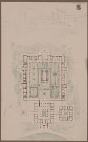 Schloss Orianda auf der Krim. Antikischer Entwurf. Grundriss, Schnitt und Ansicht
