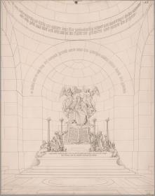 Entwurf zu einem Luther-Denkmal in einer kapellenartigen Architektur mit zahlreichen Beifiguren und Engeln, die den Reformator bekrönen