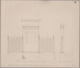 Zeitz. Entwurf zum Grabdenkmal für Johann Friedrich Delbrück. Frontal- und Seitenansicht des Gitters um den Vorplatz mit dem Grabstein
