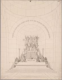 Entwurf zu einem Luther-Denkmal in einer kapellenartigen Architektur mit zahlreichen Beifiguren und Engeln, die den Reformator bekrönen