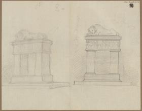 Berlin. Denkmal für General Scharnhorst. Auf dem Invalidenkirchhof ausgeführter Entwurf als Sarkophag mit darauf ruhendem Löwen. Seiten- und perspektivische Ansicht