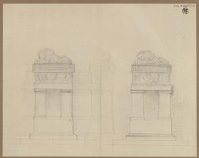 Berlin. Denkmal für General Scharnhorst. Auf dem Invalidenkirchhof ausgeführter Entwurf als Sarkophag mit darauf ruhendem Löwen. Zwei Ansichten der Stirnseiten