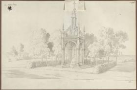 Lützen. Entwurf zu einem Denkmal für König Gustav II. Adolf von Schweden in Form eines gotischen Baldachins über dem Schwedenstein, mit niedriger Filialbekrönung