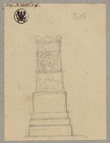 Entwurf zu einem Denkmal mit einer Büst und vielleicht einem ruhenden Löwen oder einem Lamm mit einem Kreuzstab / Entwurf zum Grabmal für Peter Alexander von Itzenplitz in Kunersdorf bei Bad Freienwalde