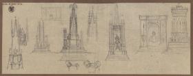 Graudenz (Grudziądz), ehem. Regierungsbezirk Marienwerder (Województwo Kujawsko-Pomorskie). Skizzen zum Denkmal für Wilhelm de Courbière mit Filialen, Obelisk-, Tor- und Turmformen