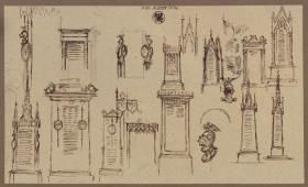 Graudenz (Grudziądz), ehem. Regierungsbezirk Marienwerder (Województwo Kujawsko-Pomorskie). Skizzen zum Denkmal für Wilhelm de Courbière mit Fialen und Stelen / Skizzen zum Gefallenendenkmal in Spandau
