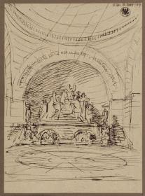 Entwurf zu einem Luther-Denkmal in einer kapellenartigen Architektur, der Reformator sitzend, mit Beifiguren