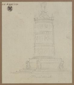 Entwurf für ein rundes Monument mit Reliefschmuck, niedrigem viereckigem Unterbau und Löwen an den Ecken