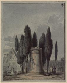 Friedhof mit antikisierenden Rundturm und Grabdenkmälern / Rom. Entwurf zu einem Grabdenkmal für den protestantischen Friedhof bei der Cestiuspyramide