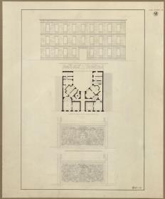 Berlin. Feilnerhaus. Fassadenansicht, Grundriss und Reliefs der Fensterbrüstungen