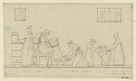 Motive aus dem Leben der Familie von Humboldt in Rom: Szene in Form eines Reliefs mit dem Porträt der Mutter Caroline von Humboldt als Bild im Bild sowie den Geschwistern Caroline, Gabriele, Hermann und Adelheid von Humboldt mit zwei Hausmädchen