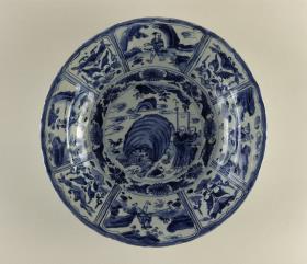 Schüssel mit Darstellung einer Landschaft mit Elefant und zwei Mönchen