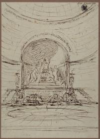 Entwurf zu einem Luther-Denkmal in einer kapellenartigen Architektur, der Reformator sitzend, mit Beifiguren