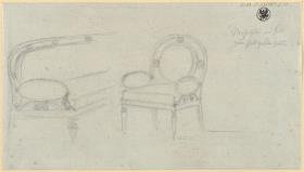 Berlin, Wilhelmstraße 72. Palais des Prinzen Friedrich von Preußen, Goldgelbes Zimmer. Entwurf zu einem Sofa und Sessel