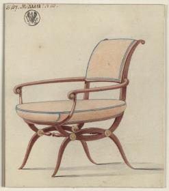 Berlin, Unter den Linden. Königliches Palais, Chamois-Zimmer Friedrich Wilhelms III. Entwurf zu einem Armlehnstuhl
