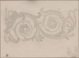 Ornament. Aus einem Kelch entspringende Ranken mit Akanthusblättern, Palmettenblüten und Rosetten und Perlstab mit Palmettenkrönung