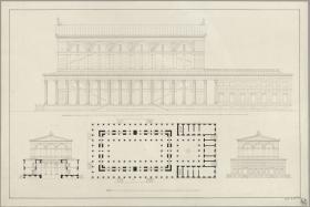 Entwürfe zu einem Gebäude im Rundbogenstil. Seitenansicht, Aufriss und Grundriss