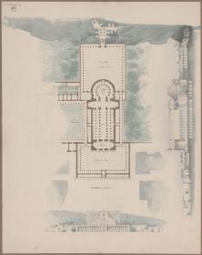 Jerusalem. Entwurf zur Grabeskirche. Grundriss, Aufriss und Längsschnitt