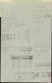 Skizzen zu Fensterverdachungen & Skizze einer dreigeschossigen Fassade & Figurenstudie & Notizen