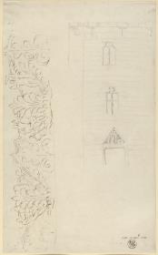 Entwurf zu einer Fassade mit Fenstern in Kragarchitektur & Detailentwurf zur Dekoration der Dachrinne