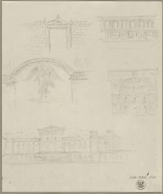 Entwürfe zu Tribünen (?) & Blick in eine Apsis mit Malereien und wohl Skulpturenschmuck & Portal oder Fenster mit Giebelverdachung & Fassade oder Wandaufriss & Engel unter einem Segmentbogen