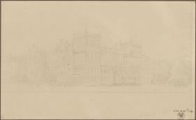 Berlin, Unter den Linden. Palais Prinz Wilhelm. Entwurf mit Ecktürmen. Ansicht mit angrenzender Hofbibliothek am Opernplatz