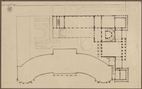 Berlin, Unter den Linden. Palais Prinz Wilhelm. Entwurf mit Ecktümen. Grundriss des Palastes mit angrenzender Hofbibliothek am Opernplatz
