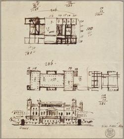 Entwürfe zu einer Schlossanlage mit Ecktürmen, vielleicht zum Schloss Kressendorf (Krzeszowice) bei Krakau