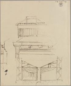 Entwurf zu einem Hauptgesims mit Ecksäulen &  Gebäude mit einem Impluvium und runden Treppentürmen. Querschnitt (Berlin. Neue Wache?) & Undeutbare Darstellungen