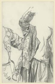 Heinrich von Kleist, Der zerbrochene Krug: Weibliche Figur geblümte Jacke anziehend. Mit Detailstudie der rechten Hälfte der Jacke