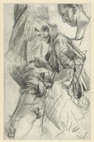 Heinrich von Kleist, Der zerbrochene Krug: Weibliche Figur mit Schlüssel in der Rechten. Halbfigur vorgebeugt im Profil nach links nebst Detailstudien: K0pf, Arm, Gewand