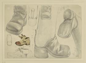 Schuhe und Stulpenstiefel, mit Notizen